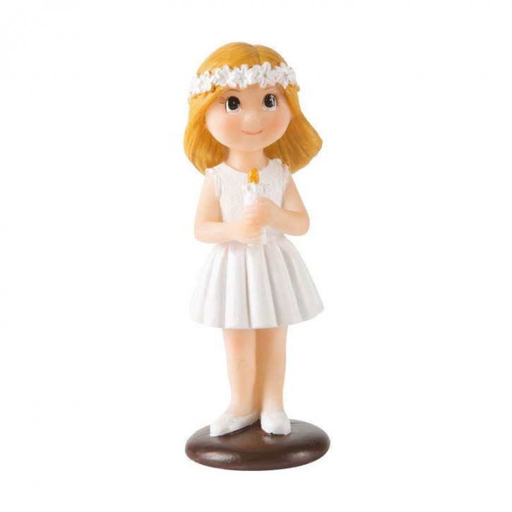 Figur Kommunion Mädchen stehend blond/kurzes Kleid/Kerze